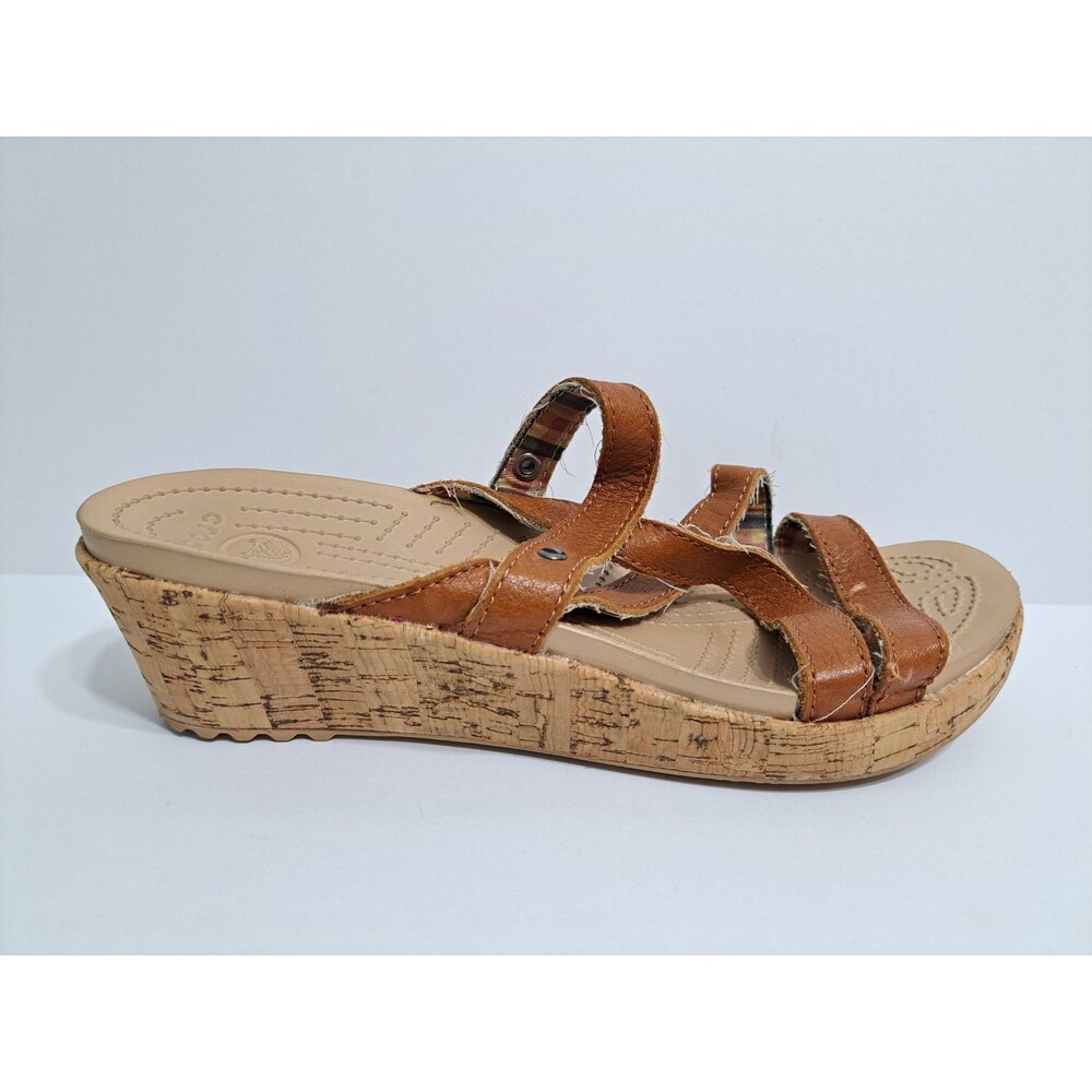 Crocs A-leigh Women's 9 Wedge Sandals Brown Leather Cork Strappy - Picture 4 of 10